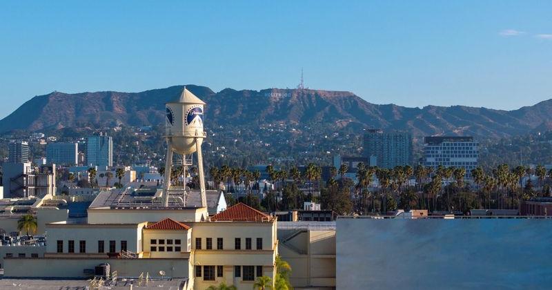 Drone view of Paramount water tower and Hollywood sign