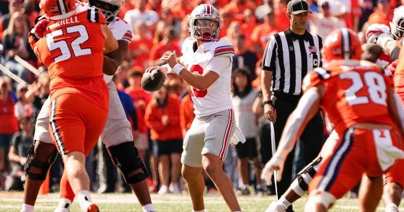Ohio State quarterback Julian Sayin (10) looks to throw during his team's 2025 game against Illinois at Gies Memorial Stadium.