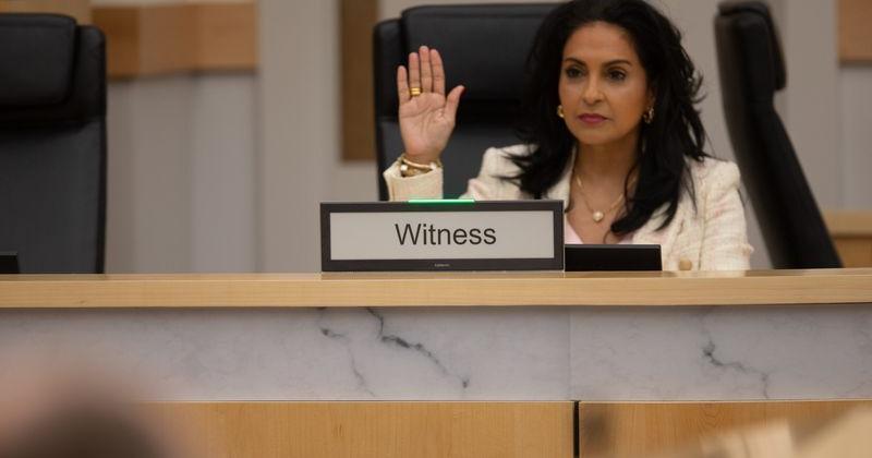 Corpus Christi Mayor Paulette Guajardo gets sworn in before her testimony at a hearing for her removal proceedings at City Hall on July 23.