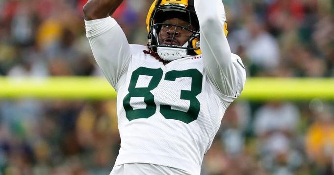 Green Bay Packers wide receiver Savion Williams (83) catches a pass during Green Bay Packers Family Night on Aug. 7, 2026, at Lambeau Field in Green Bay, Wis.