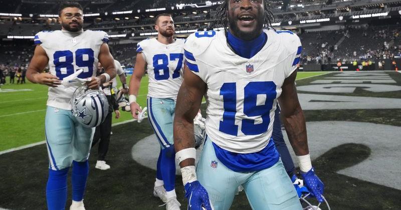 Nov 17, 2025; Paradise, Nevada, USA; Dallas Cowboys wide receiver Ryan Flournoy (19) reacts towards the stands as he leaves the field following a game against the Las Vegas Raiders at Allegiant Stadium. Mandatory Credit: Kirby Lee-Imagn Images