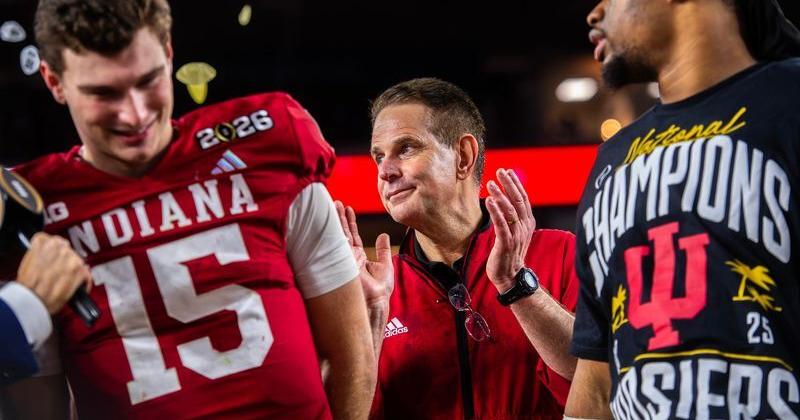 Indiana Head Coach Curt Cignetti claps on the podium after the College Football Playoff National Championship college football game at Hard Rock Stadium in Miami Gardens on Monday, Jan. 19, 2026.