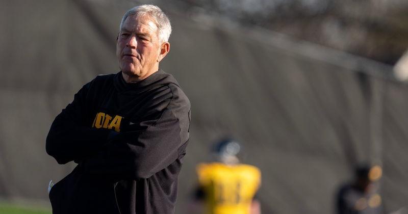 Iowa head coach Kirk Ferentz watches the football team during practice April 9, 2026 in Iowa City, Iowa.