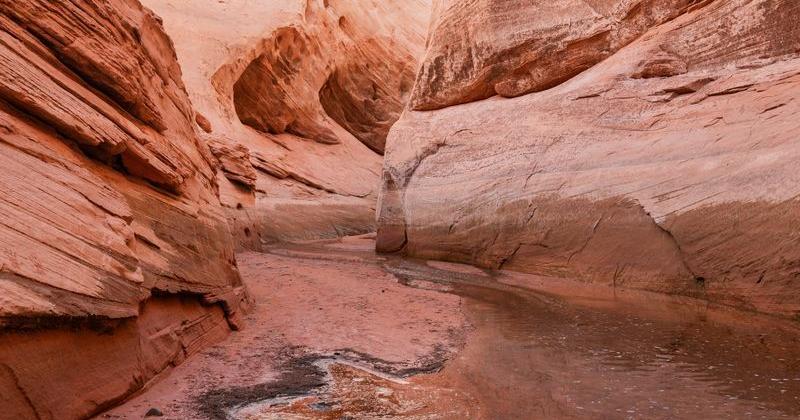 Labyrinth Canyon on Lake Powell, where the lake ends and the ground of the side canyon begins, as seen on Oct. 7, 2026. This area was once under about 100 feet of water when the lake was full.