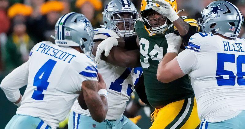 Green Bay Packers defensive tackle Karl Brooks (94) rushes Dallas Cowboys quarterback Dak Prescott (4) on Sunday, Oct. 18, 2026, at Lambeau Field in Green Bay, Wisconsin. The Packers won the game, 23-13.
Tork Mason/Green Bay Press-Gazette
