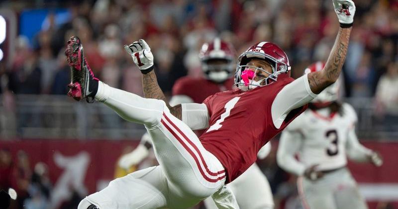 Oct 10, 2026; Tuscaloosa, Alabama, USA;  Alabama wide receiver Ryan Coleman-Williams (1) gets flipped by a Georgia defender on an incomplete pass at Saban Field at Bryant-Denny Stadium. Mandatory Credit: Gary Cosby Jr.-Imagn Images