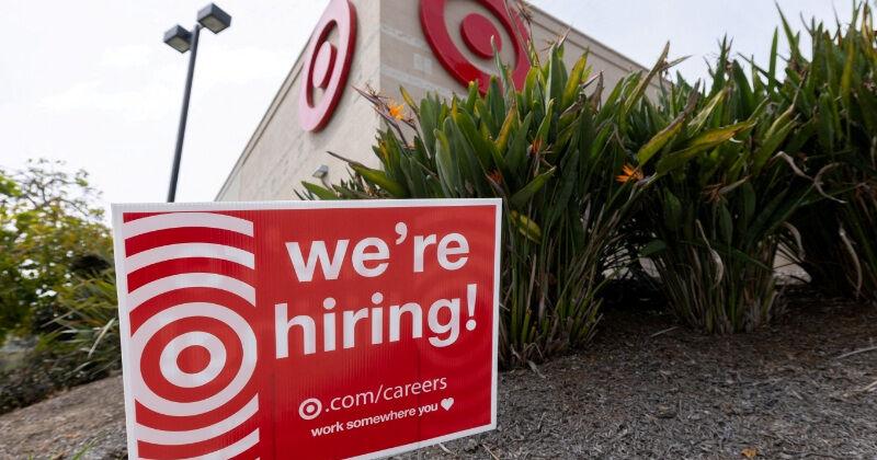 FILE PHOTO: Job hiring sign at Target store in California