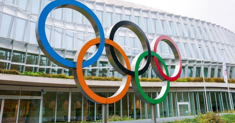 The rings are pictured in front of the IOC during an Executive Board meeting at the Olympic House in Lausanne