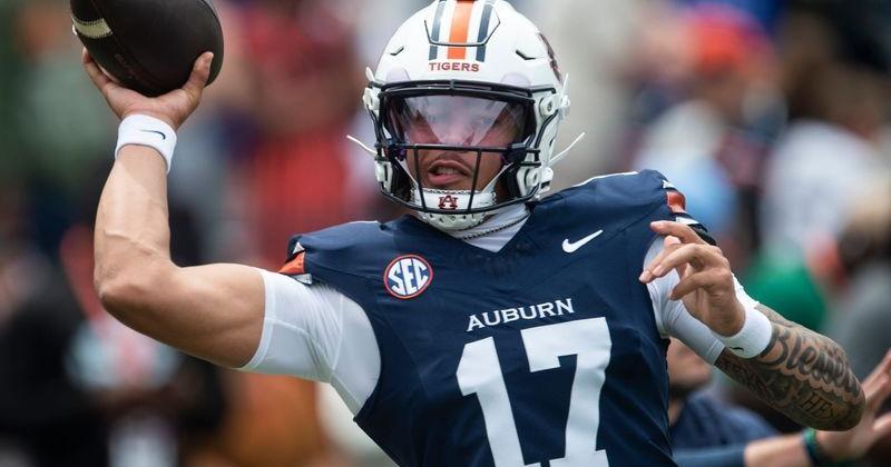 Auburn Tigers quarterback Byrum Brown (17) warms up before Auburn Tigers A-Day spring game at Jordan-Hare Stadium in Auburn, Ala. on Saturday, April 18, 2026.