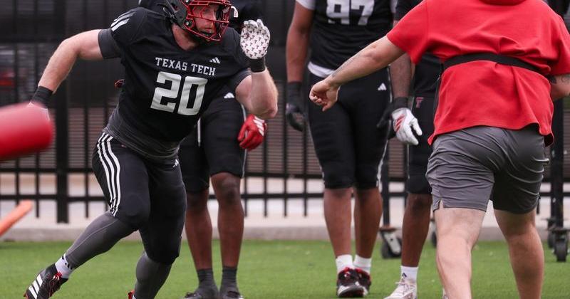 Texas Tech's Adam Trick goes through a drill during spring football practice, Tuesday, April 14, 2026, at the Womble Football Center.