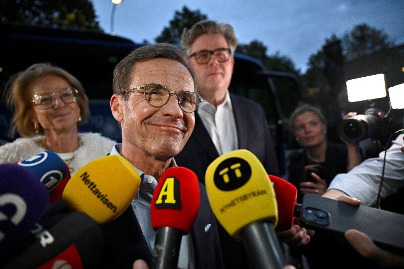 Sweden's PM Ulf Kristersson arrives at Moderate Party election watch night at Clarion Sign hotel in central Stockholm