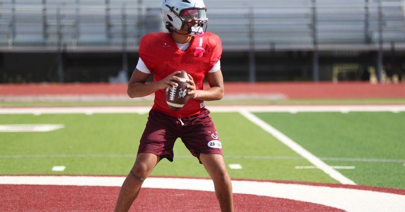 Sinton quarterback Quincy Bess drops back to pass during practice on Wednesday, Aug. 19, 2026, at Pirate Stadium in Sinton, Texas.