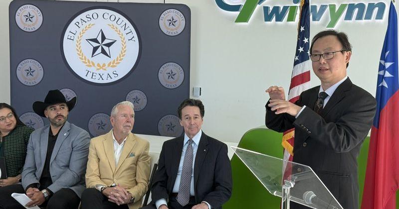 Joseph Hsu, managing director of Wiwynn North America operations, announces the Taiwan company's manufacturing expansion as leaders from El Paso County, Socorro and the Borderplex Alliance look on during the Aug. 21 event in the lobby of its first factory in Socorro.