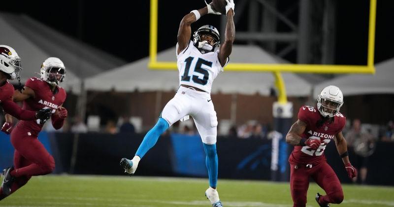 Carolina Panthers wide receiver Jimmy Horn Jr. (15) catches the ball against the Arizona Cardinals at Tom Benson Hall of Fame Stadium in Canton, Ohio on Aug. 6, 2026.