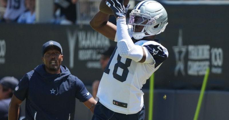 Aug 1, 2026; Oxnard, CA, USA; Dallas Cowboys receiver
Jordan Hudson (18) catches the ball at training camp at River Ridge Playing Fields. Mandatory Credit: Kirby Lee-Imagn Images