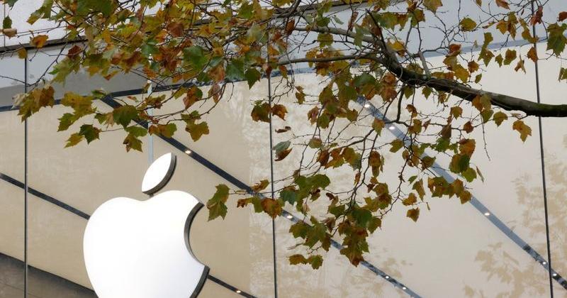 FILE PHOTO: The Apple Inc logo is seen at the entrance to the Apple store, in Brussels