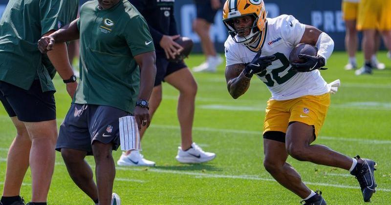 Green Bay Packers running back MarShawn Lloyd (32) runs through a drill during the second day of training camp Thursday, July 30, 2026, at the Don Hutson Center in Ashwaubenon, Wisconsin.