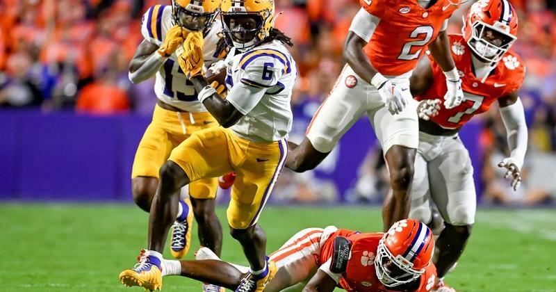 LSU wide receiver Winston Watkins breaks free from the Clemson defense during their gam at Tiger Stadium on Sept. 5, 2026.