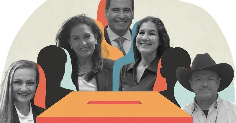 From left, Corpus Christi mayoral candidates Kaylynn Paxson, Paulette Guajardo, Gil Hernandez, Chelise Hyatt and Dave Heasley. Candidates David Ainsworth Sr. and John Calkusic are not pictured.
