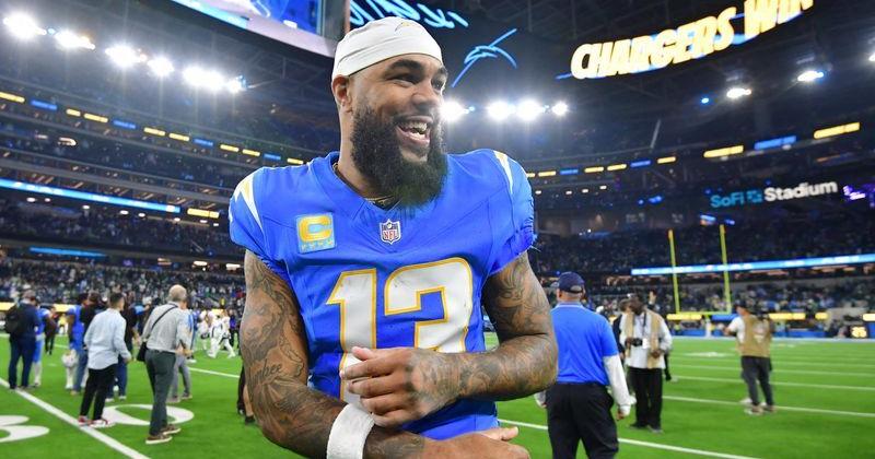 Dec 8, 2025; Inglewood, California, USA; Los Angeles Chargers wide receiver Keenan Allen (13) celebrates after defeating the Philadelphia Eagles at SoFi Stadium. Mandatory Credit: Gary A. Vasquez-Imagn Images