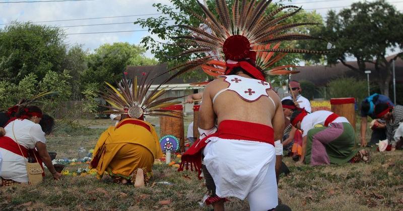 Arturo Lima kneels during a danza at Sept. 13, 2026, at Carroll Lane Park in Corpus Christi.