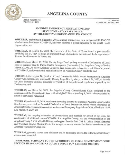 Angelina County Issues Stay Home Stay Safe Order And Establishes Curfew Coronavirus Covid 19 Lufkindailynews Com