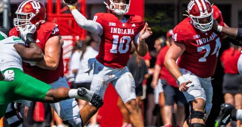 Indiana's Josh Hoover (10) passes during the Indiana versus North Texas football game at Memorial Stadium on Saturday, Sept. 5, 2026.