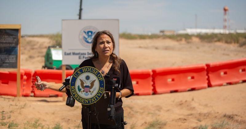 U.S. Rep. Veronica Escobar, D-El Paso, addresses the press at the entrance of the East Montana ICE detention facility on Aug. 18, 2025. The new ICE facility opened on Aug. 17 and sits on Fort Bliss.