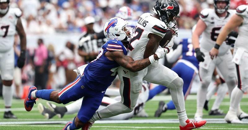 Sep 13, 2026; Houston, Texas, USA; Houston Texans wide receiver Nico Collins (12) runs with the ball after a catch against Buffalo Bills cornerback Christian Benford (47) during the fourth quarter at Reliant Stadium. Mandatory Credit: Troy Taormina-Imagn Images