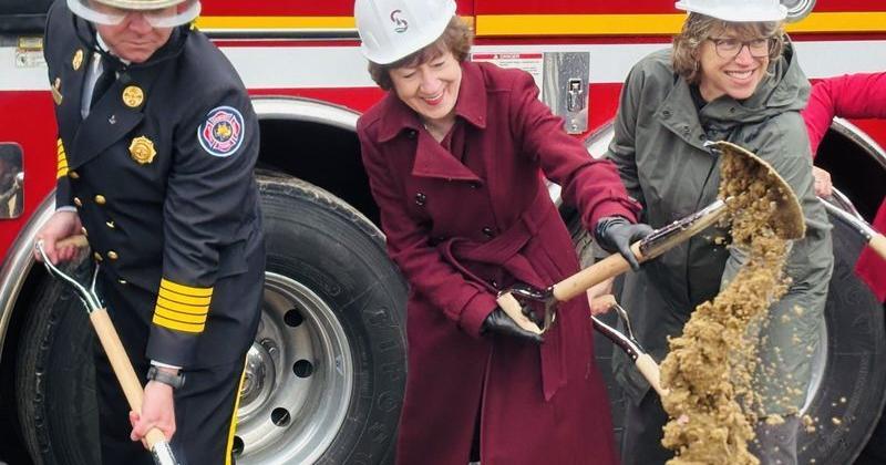 Sen. Susan Collins, R-Maine, center, leads the official groundbreaking of the new fire station to be built on Route 109 in Sanford, Maine, on March 31, 2026. Seen here with her are Sanford Fire Chief Scott Susi, left, and Deputy Mayor Maura Herlihy.