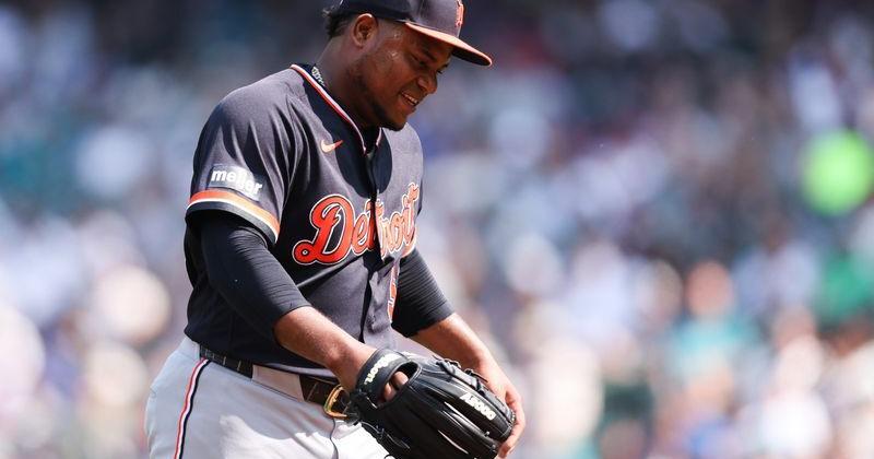 Detroit Tigers starting pitcher Framber Valdez (59) reacts after the seventh inning against the Seattle Mariners at T-Mobile Park in Seattle, Washington.