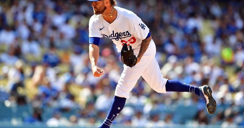 Los Angeles Dodgers relief pitcher Shane Greene throws against the Philadelphia Phillies during the eighth inning at Dodger Stadium on May 15, 2022.