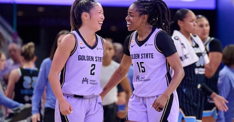Aug 12, 2026; San Francisco, California, USA; Golden State Valkyries guards Kaitlyn Chen (2) and Tiffany Hayes (15) celebrate at the end of the third quarter against the Chicago Sky at Chase Center. Mandatory Credit: Robert Edwards-Imagn Images