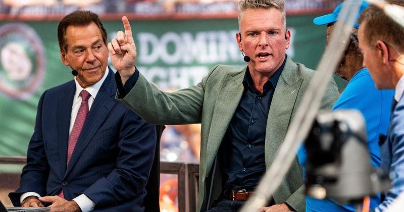 Pat McAfee speaks while delivering picks during ESPN’s College GameDay at The Grove in Oxford, Miss., on Saturday, Sept. 19, 2026. The GameDay visit for the Ole Miss-LSU game marks the return of head coach Lane Kiffin since leaving Ole Miss.