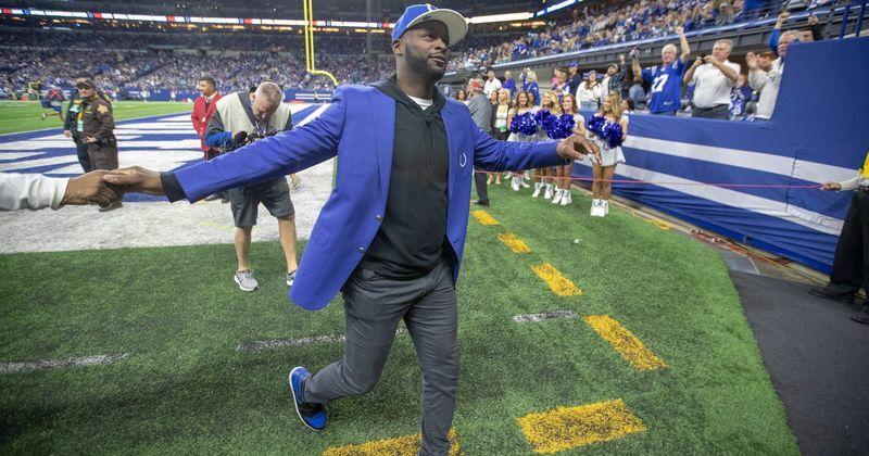 Reggie Wayne, former Colts wide receiver, during the halftime ceremony for Dwight Freeney, Miami Dolphins at Indianapolis Colts, Sunday, Nov. 10, 2019.