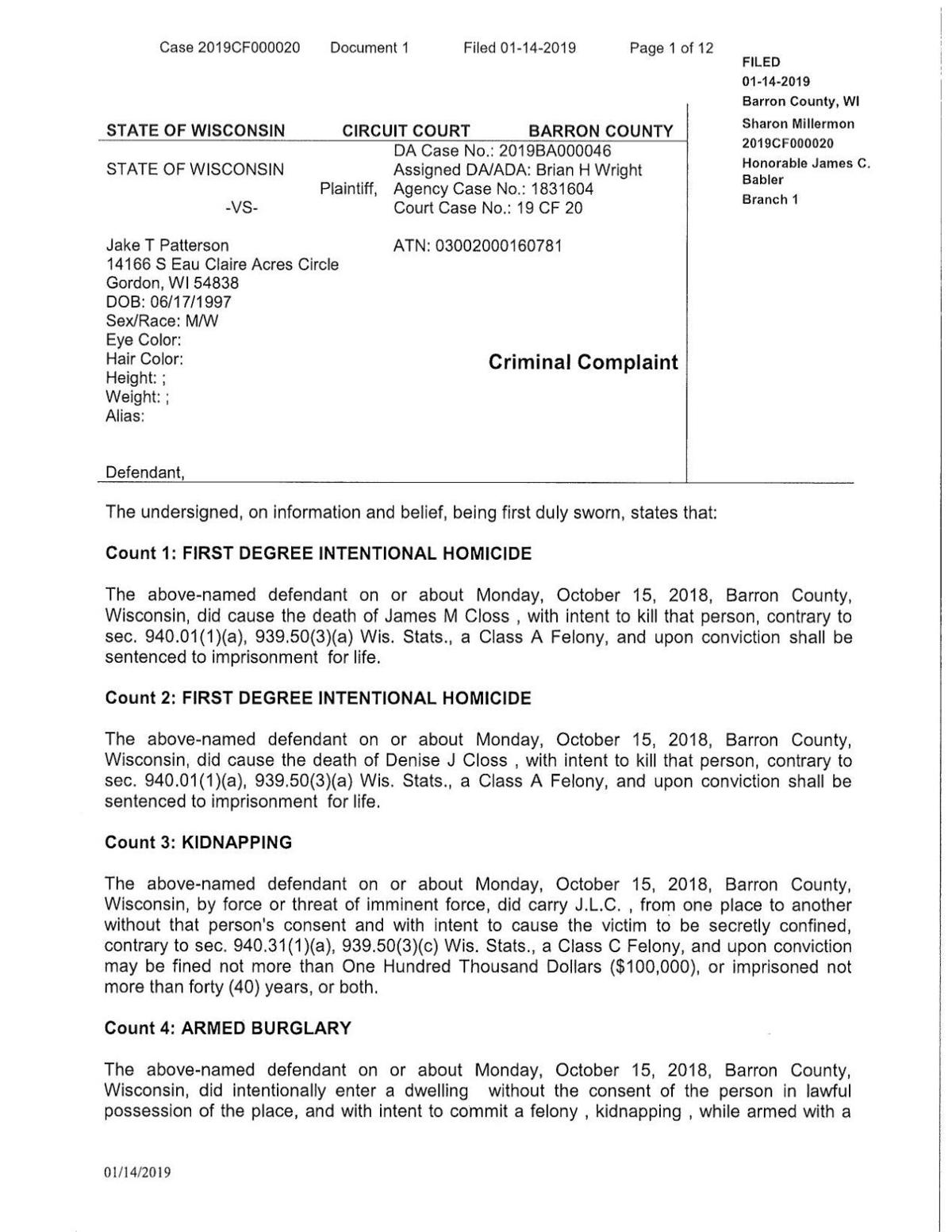 Read the criminal complaint against Jake T Patterson accused of