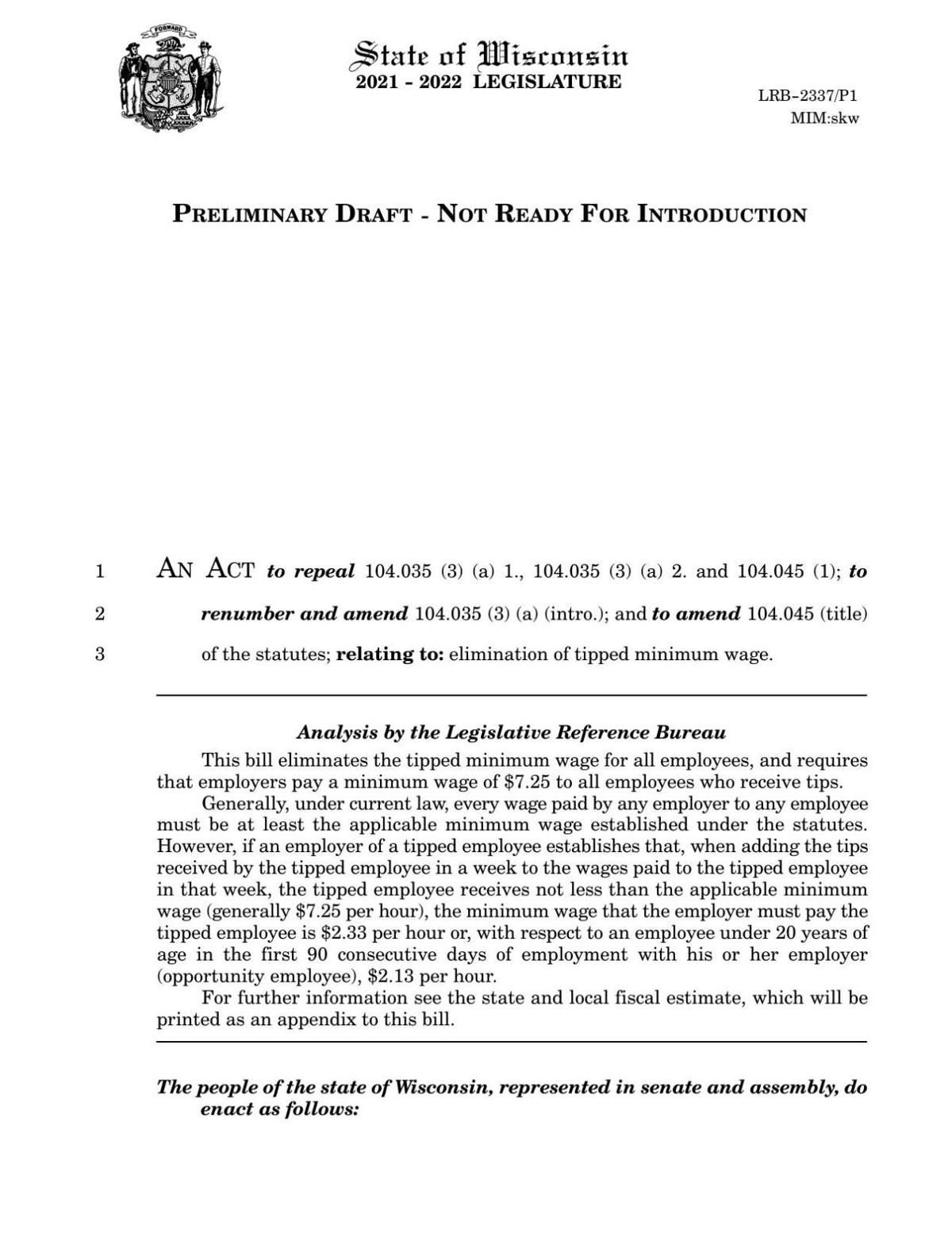 Tipped minimum wage bill draft