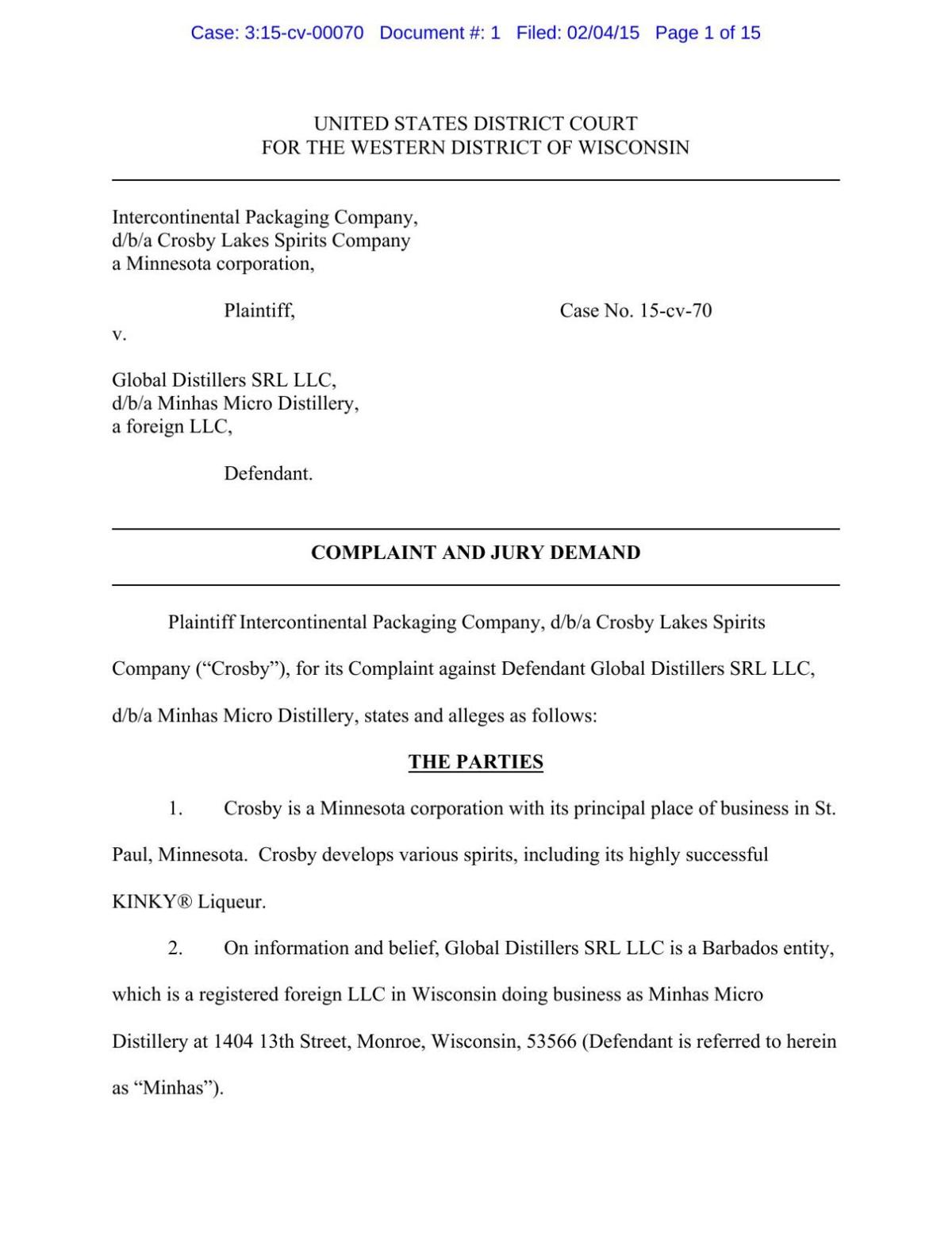Complaint: Crosby Lakes Spirits Co. vs. Minhas Micro Distillery