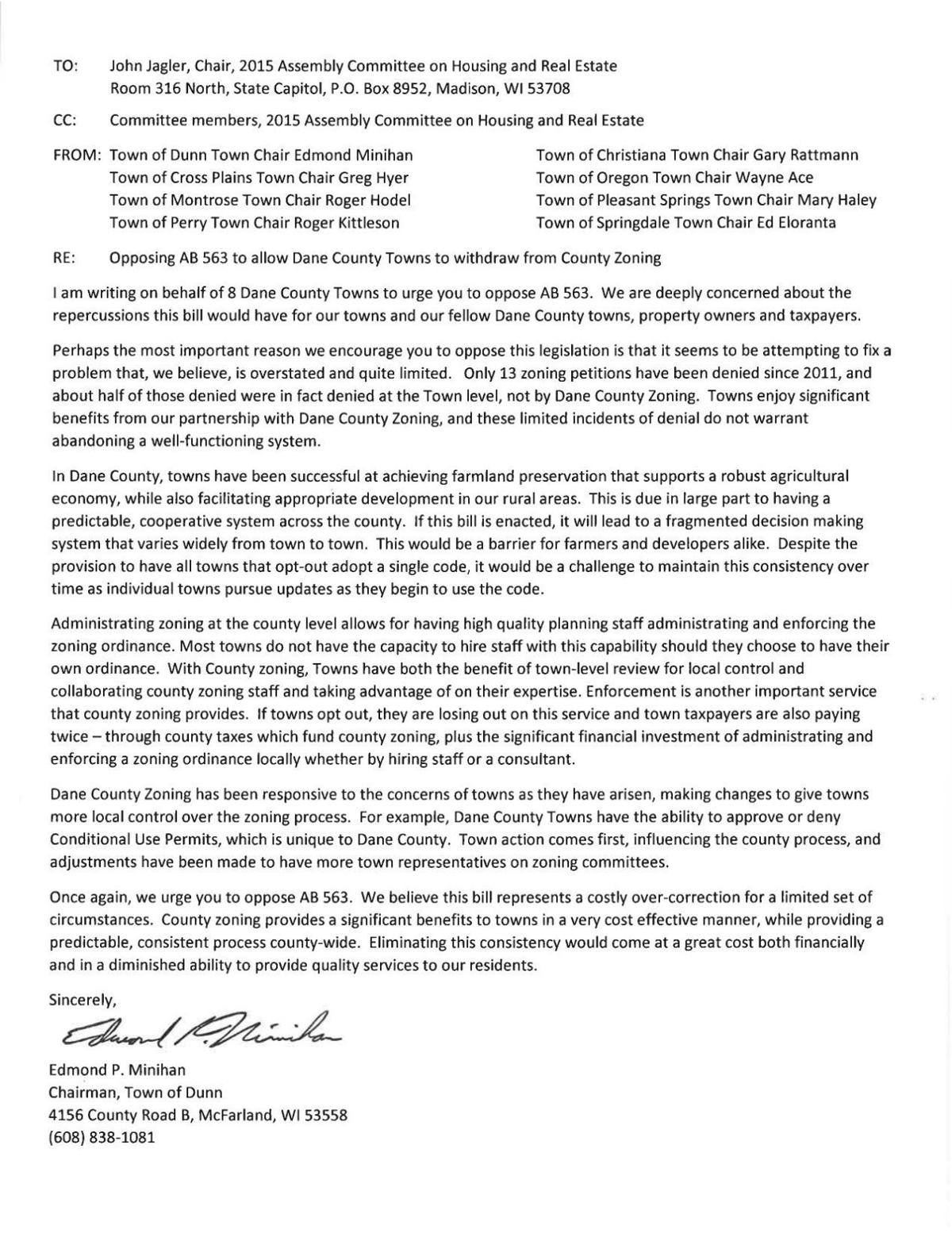 Letter Opposing Dane County Zoning Bill Madison Com