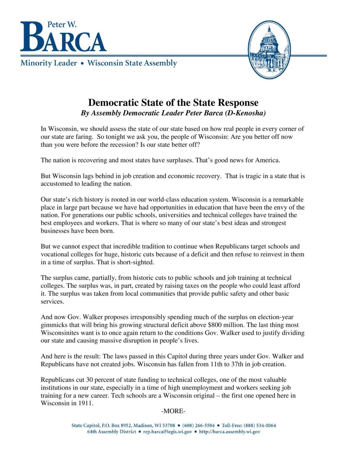 So Have You Actually Read Walkers >> Read The Democratic Response To Walker S State Of The State Speech So Have You Actually Read Walkers >> Read The Democratic Response To Walker S State Of The State Speech