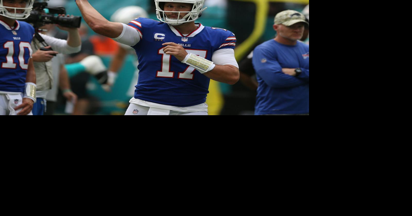 Buffalo Bills quarterback Josh Allen throws a pass during pregame