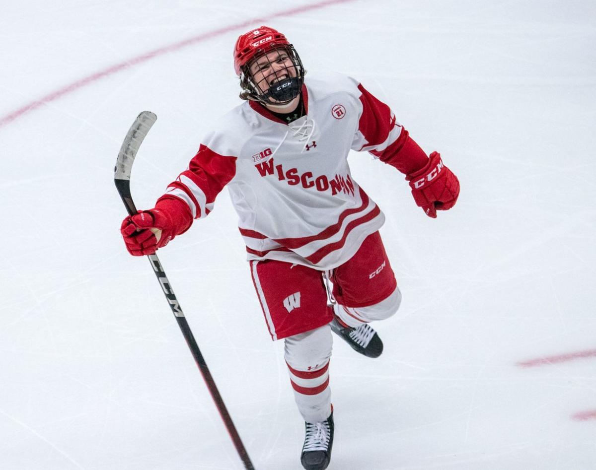 Men's Wisconsin Badgers 8 Cole Caufield Red Hockey Jersey