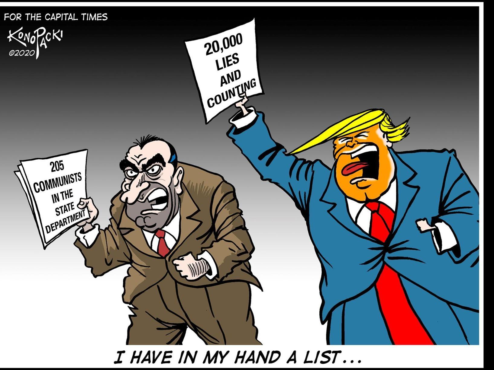 Plain Talk Like Joe Mccarthy Trump Spreads Fear Dave Zweifel Madison Com Cartoon shows communist leader lenin as a painter in a smock, painting a large picture of a tree labeled communism. at his feet lie two dead birds labeled happiness and prosperity. questions why a free american capitalist nation fears competition with a communist state. plain talk like joe mccarthy trump