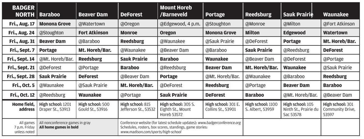 2018 Prep Football Badger North Conference Schedule Grid