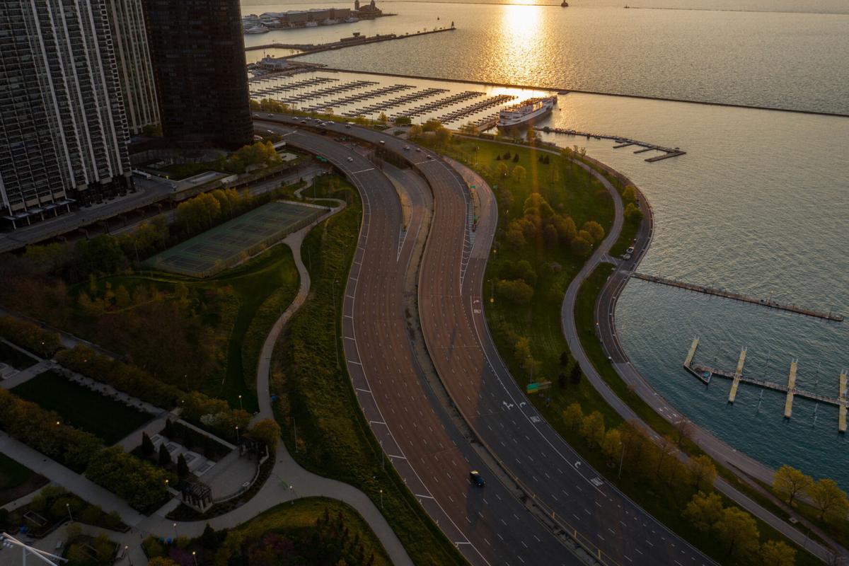 AN Aerial view of South Lake Shore Drive, seen from Maggie Daley Park in Chicago in May 2020.