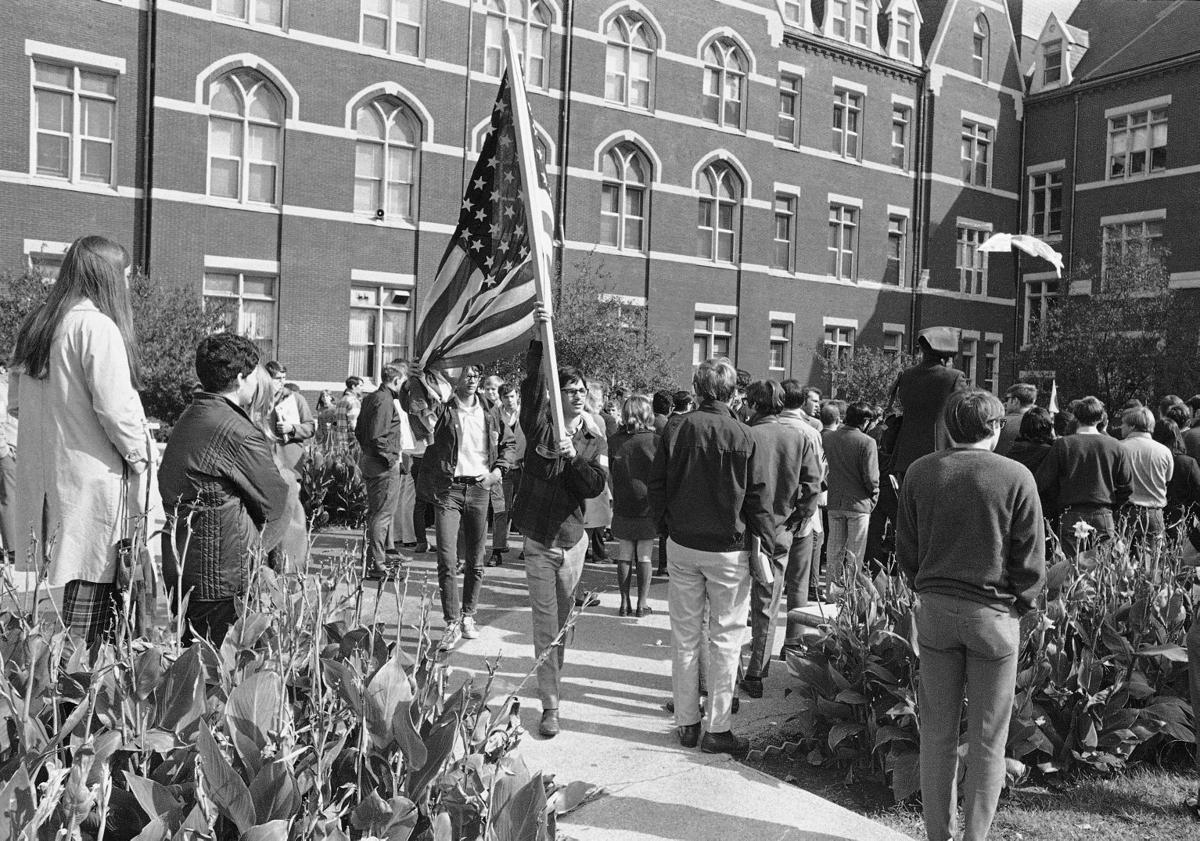 Demonstration Moratorium Day in St Louis 1969 Opposition Carrying American Flag
