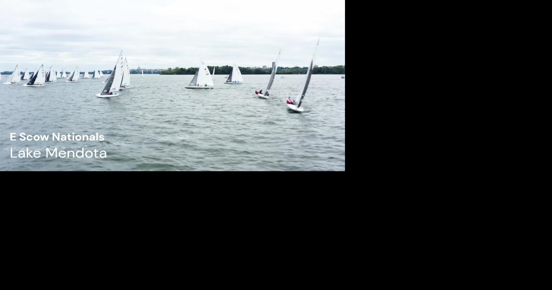 An aerial view of the E Scow Nationals on Lake Mendota