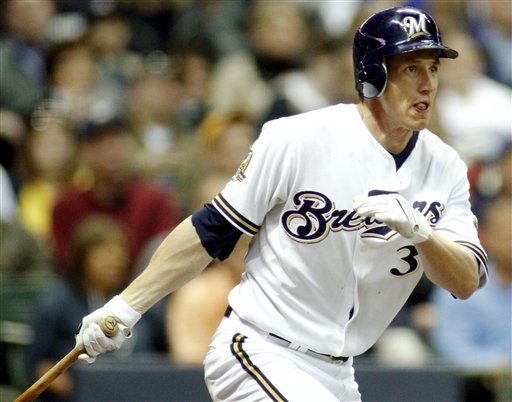 The ball hit by Milwaukee Brewers' Prince Fielder gets by Pittsburgh  Pirates first baseman Ryan Doumit in the first inning of the first game of  a scheduled double header baseball game in