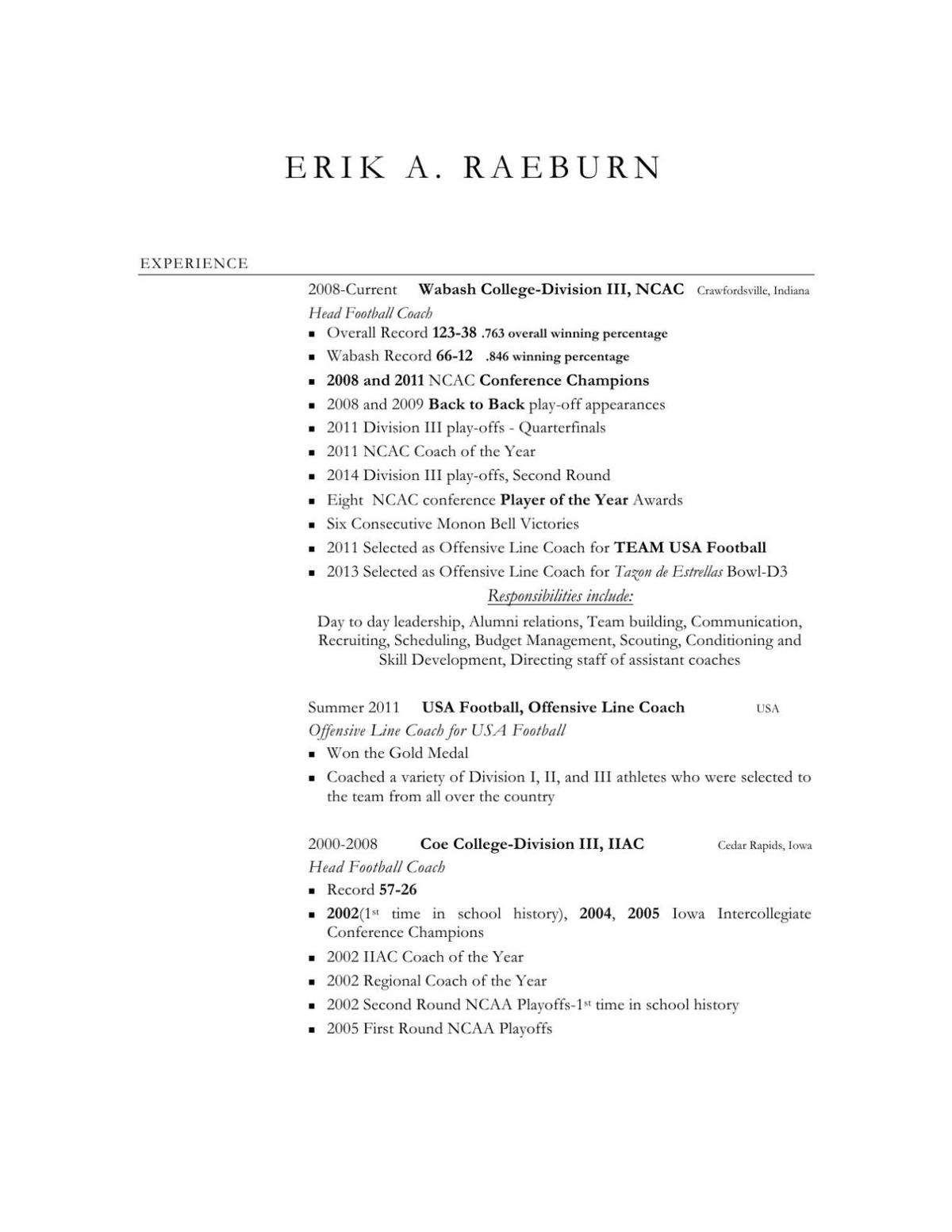 erik raeburn resume for uw whitewater head football coach candidate