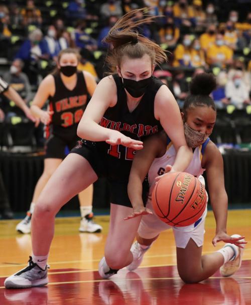 WIAA state girls basketball photo: Verona's Paige Lambe battles for a loose ball